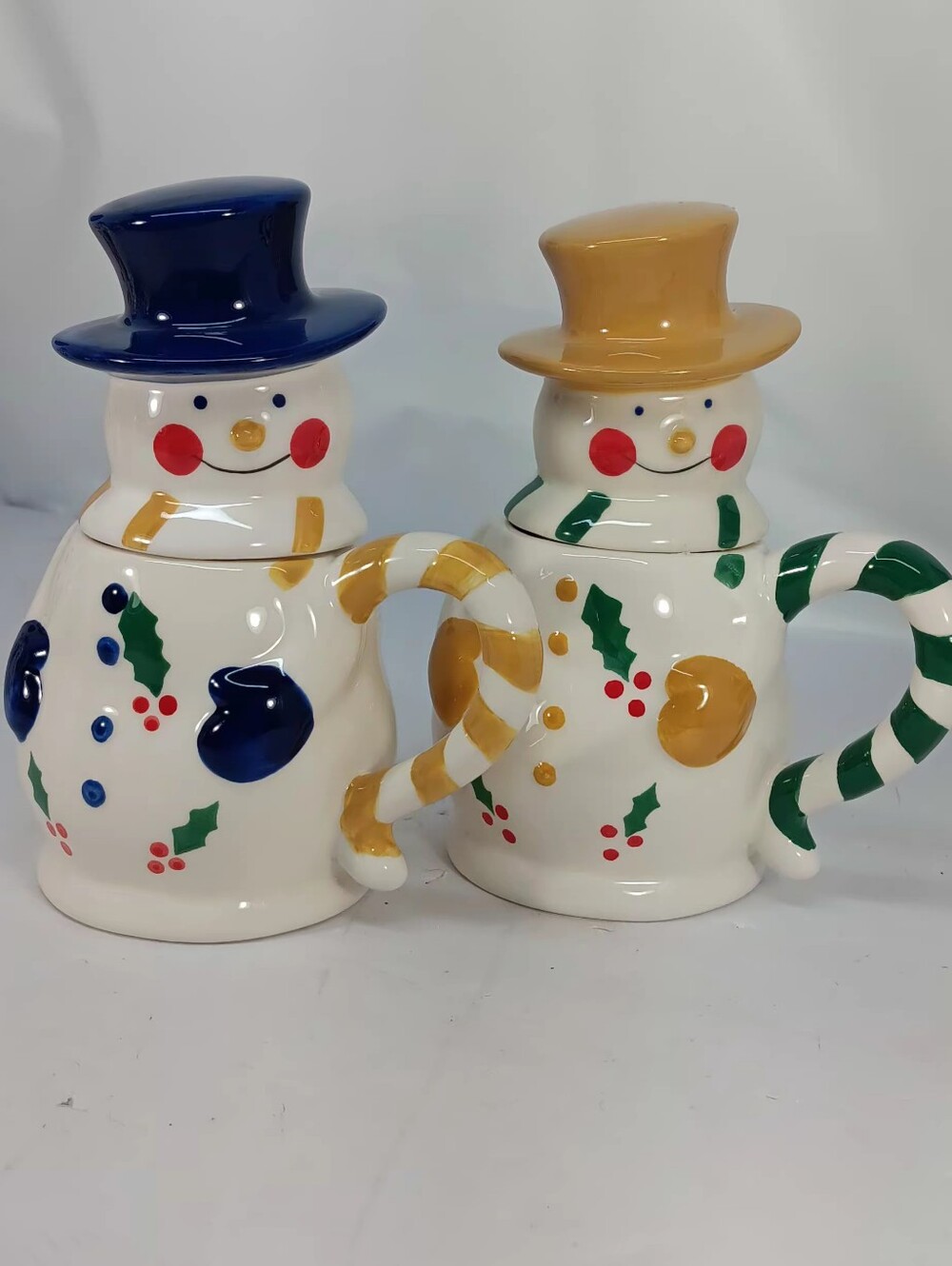 Temp-Tations Holiday Snowman Ceramic Mugs 2 Puece Set - Blue And Gold